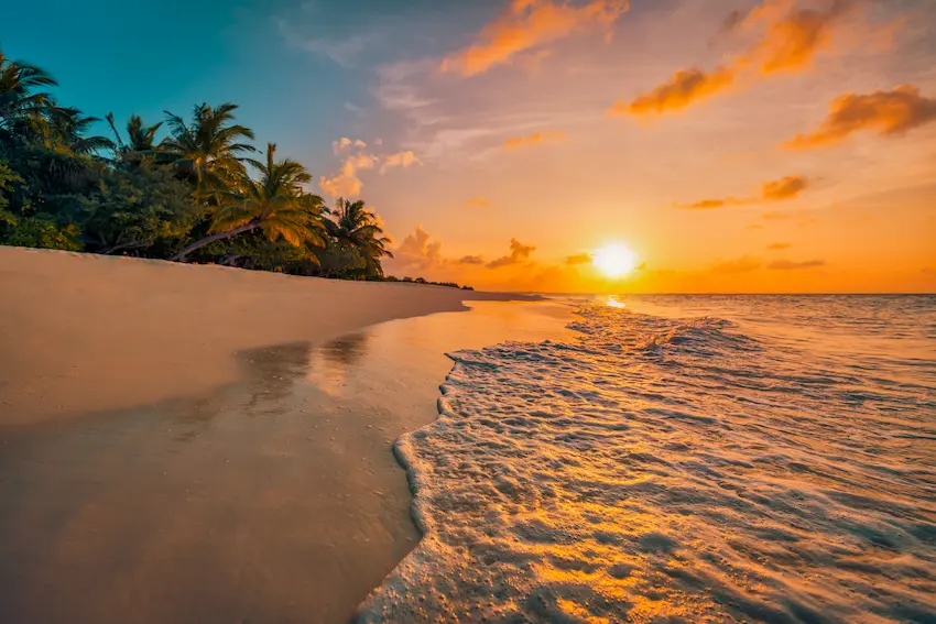 coucher de soleil sur une plage paradisiaque