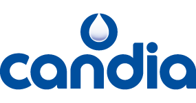 Candia logo: blue wordmark with a white teardrop emblem above the letters.