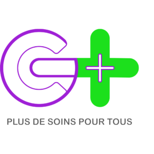Logo with a white C outlined in purple and a bright green plus sign, and the slogan 'PLUS DE SOINS POUR TOUS' in gray text beneath (healthcare access/logo).